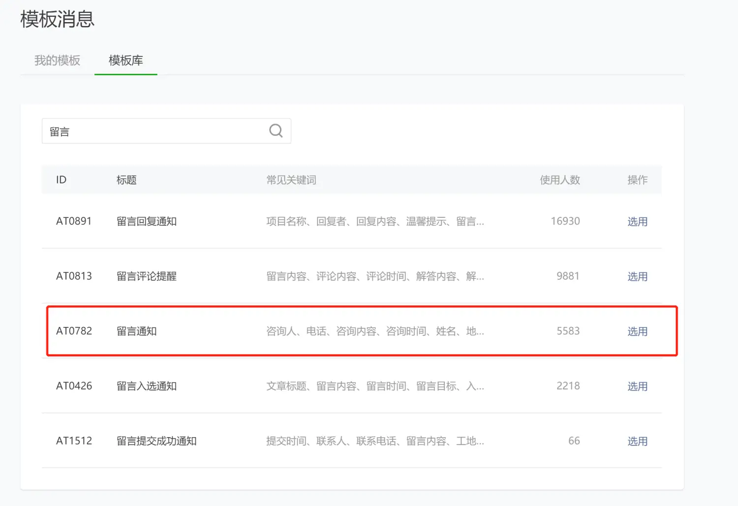 微信小程序推送模板列表