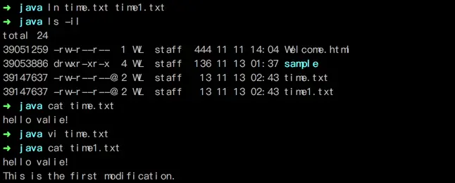 创建一个指向 time.txt文件的硬链接 time1.txt