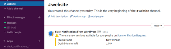 A plugin update notification in Slack