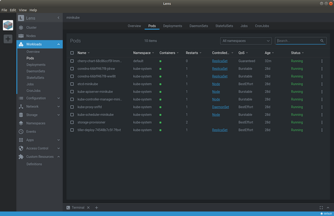 镜头工作负荷舱菜单 Lens Workloads Pods menu