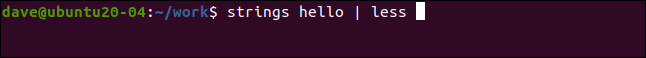 strings hello | less in a terminal window.