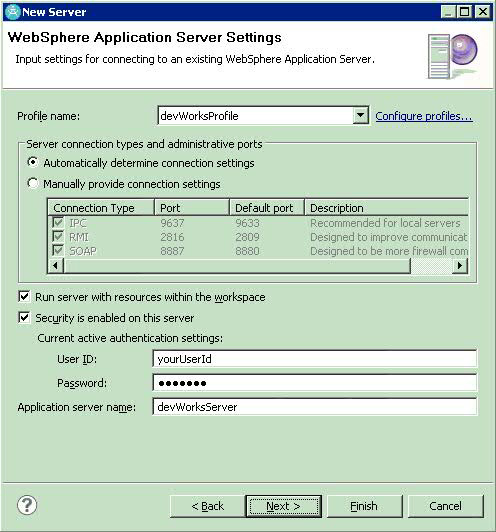 创建服务器：“配置WebSphere Application Server设置”对话框
