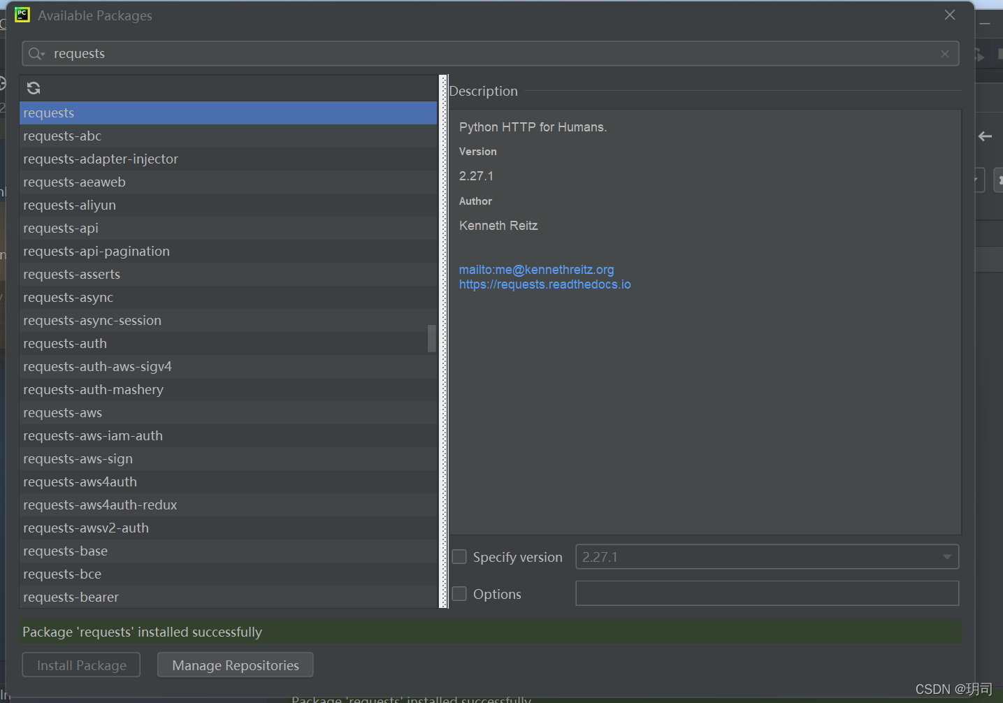 包requests安装成功提示图