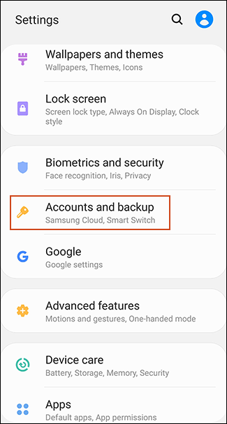 Tap Accounts and backup