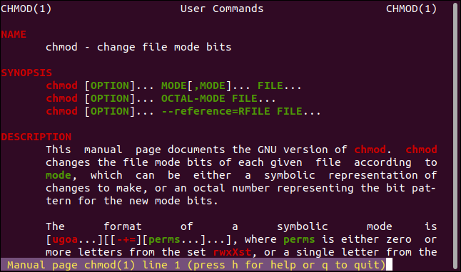 A colorized man page in less in a terminal window.