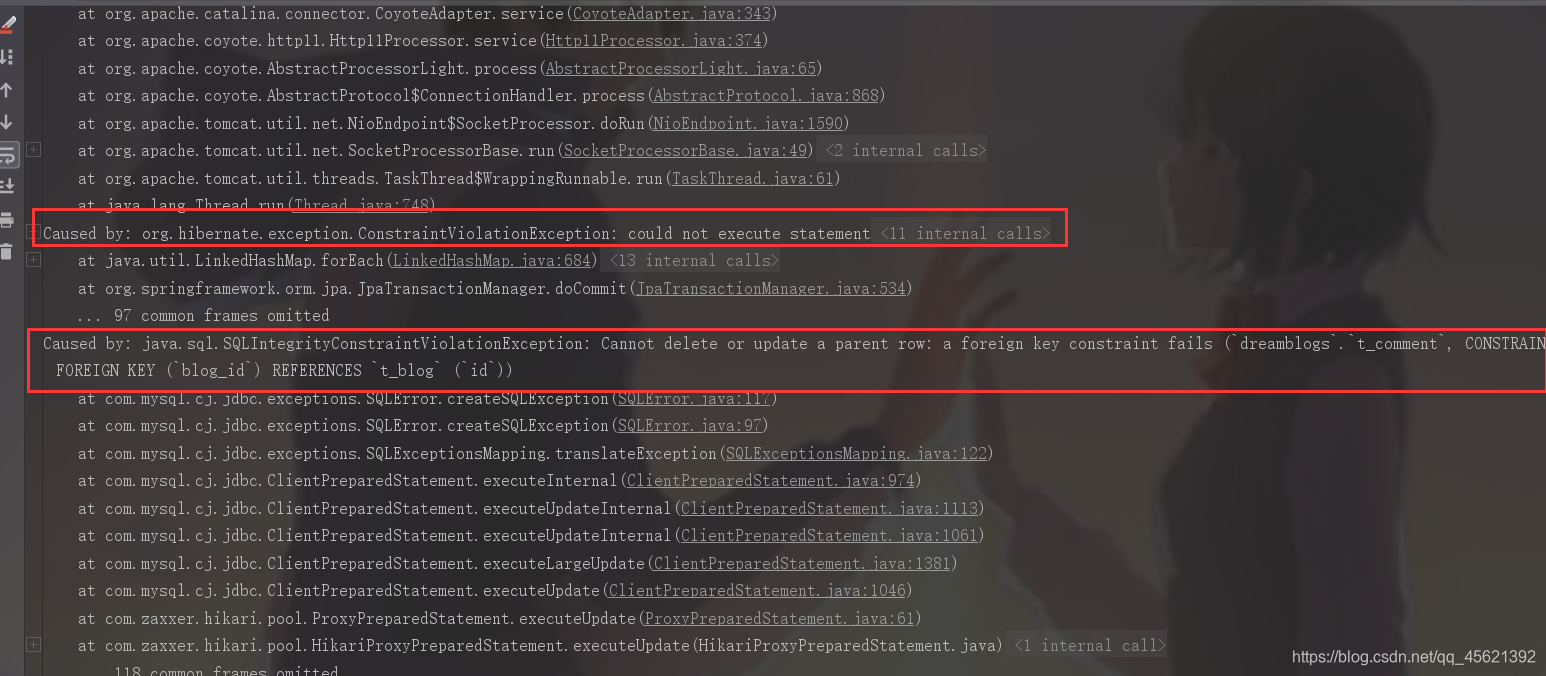 hibernate配置级联删除时报错:could not execute statement； SQL [n/a]； constraint ...