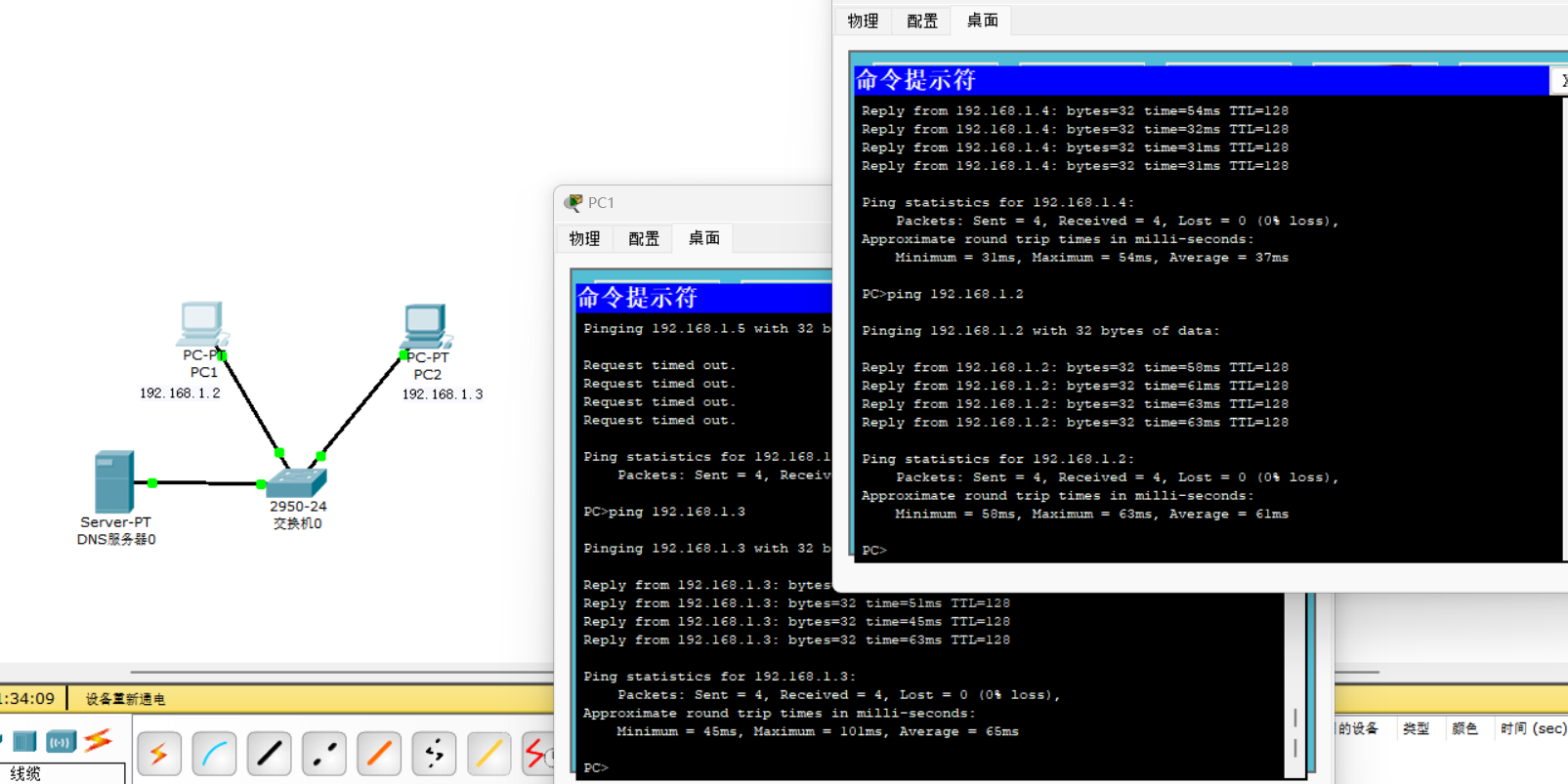 测试PC1与PC2的连通性