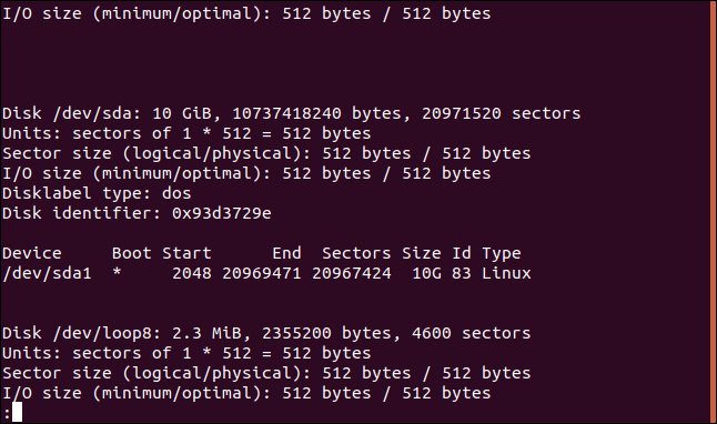 output from fdisk in a terminal window