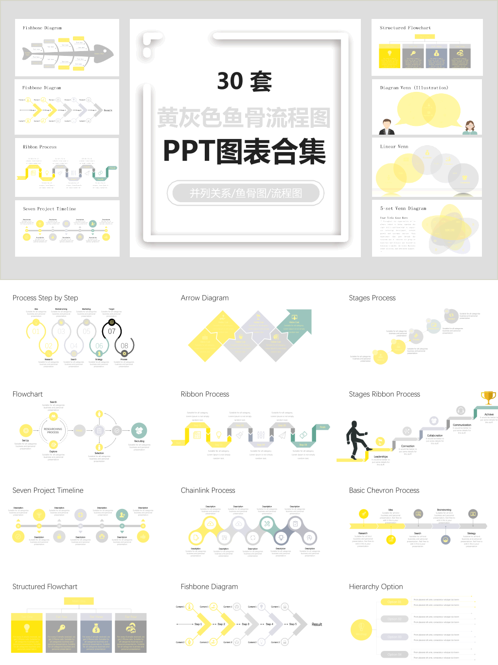 黄灰色鱼骨流程图PPT图表合集