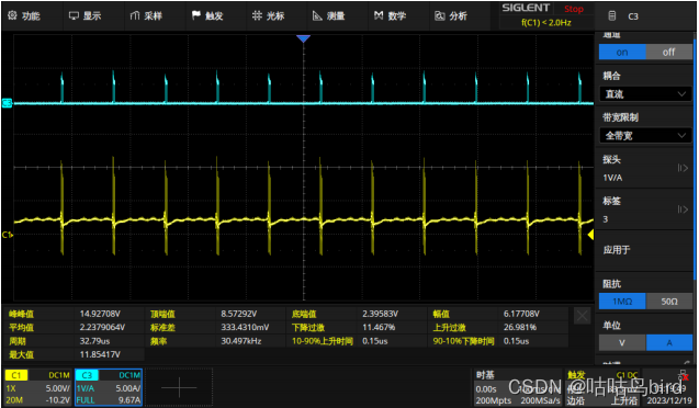 图 10 Vin3.3V,负载短路，D2 电压波形，Vcc 电流波形