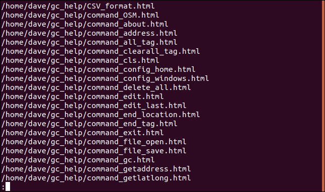 html file listing piped through less in a terminal window