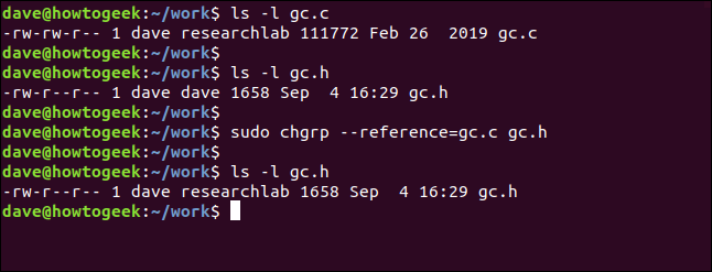 sudo chgrp --reference=gc.c gc.h in a terminal window