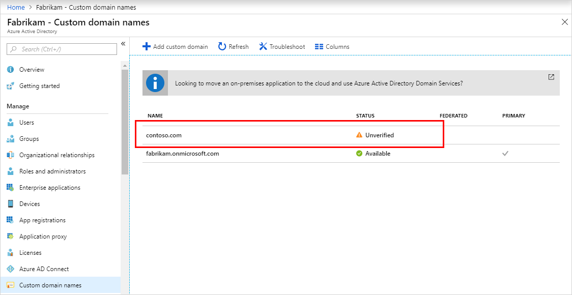 Fabrikam - Custom domain names page, with contoso highlighted