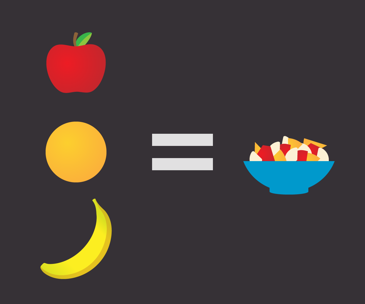 An array of fruit reduced to fruit salad.