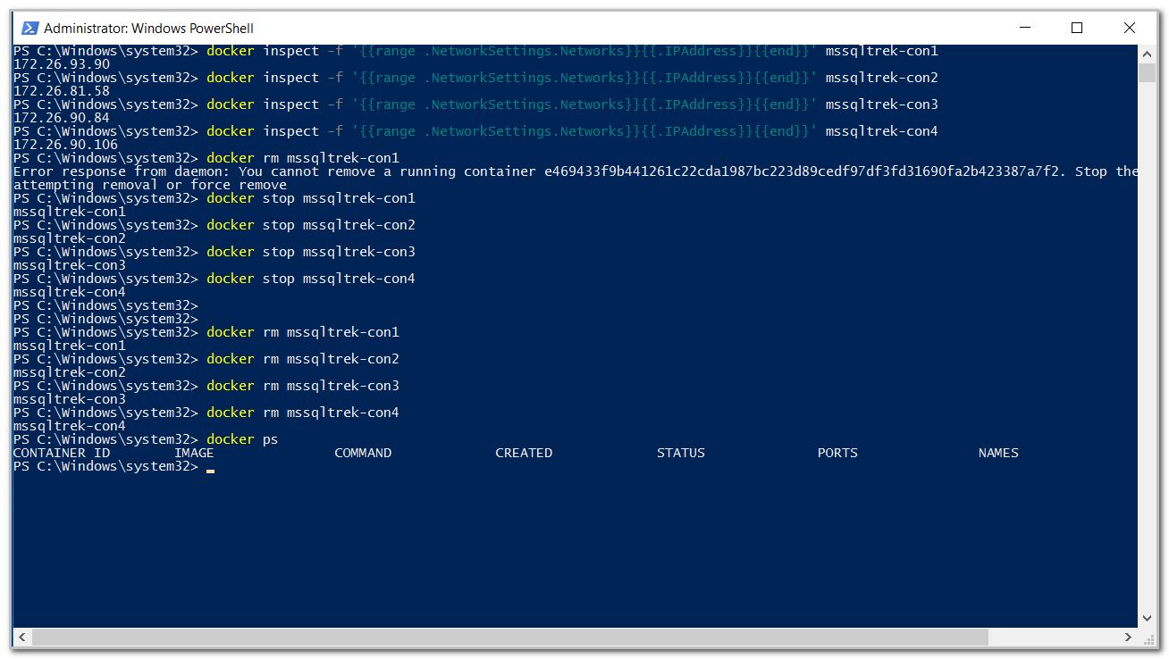 Stop and remove SQL containers in windows.