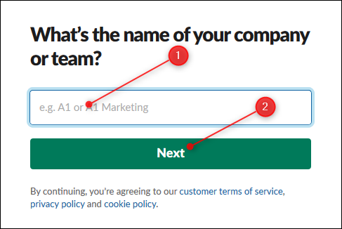 The textbox to enter the name of your workspace, and the Next button.