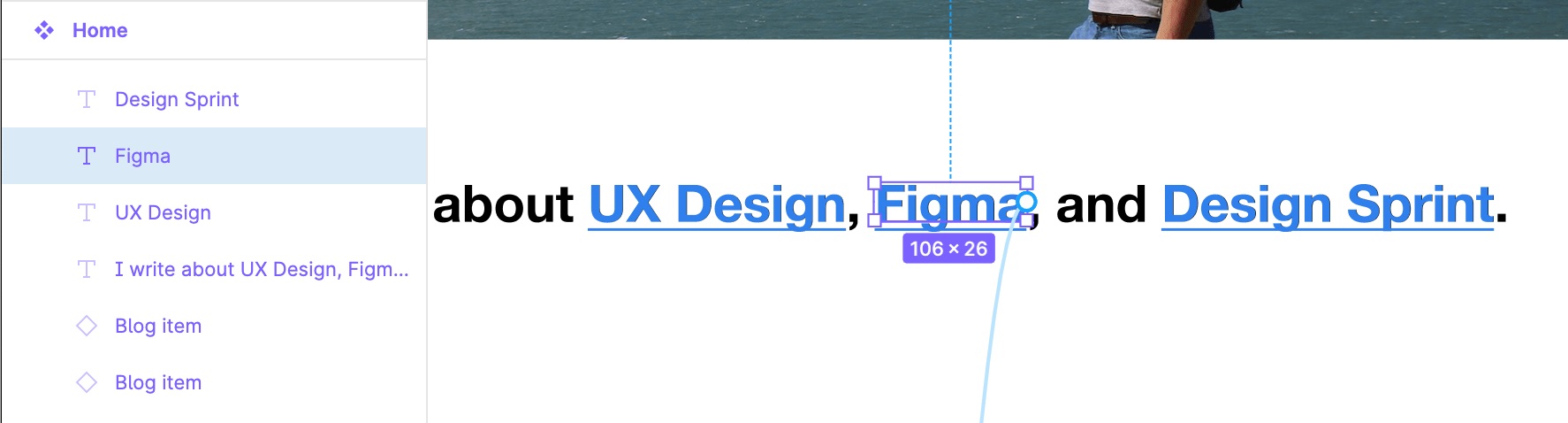 Showing how the ‘Figma’ URL layer should look when it’s not hidden, in the layers panel and the editor.