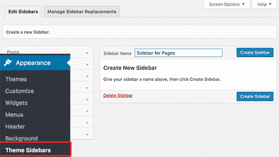 Creating a new custom sidebar Creating a new custom sidebar
