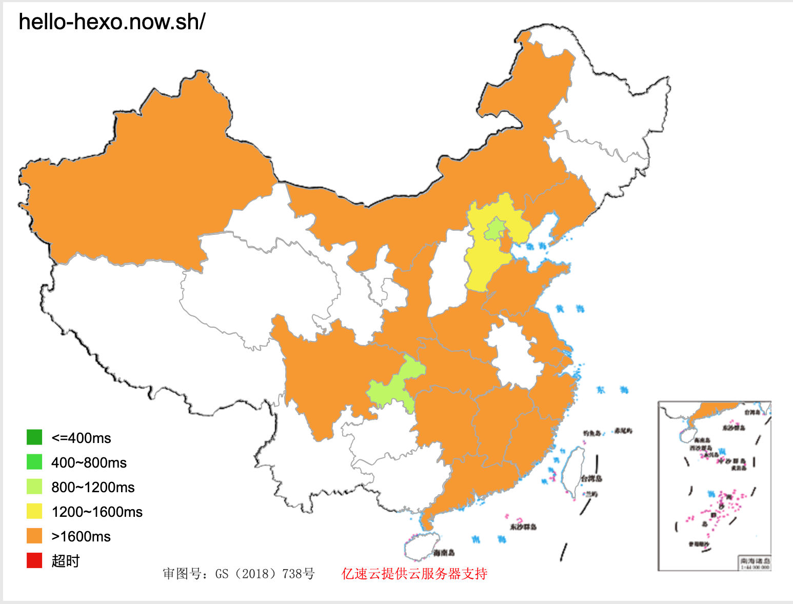 左图: 部署在 Vercel 的网站测速结果； 右图是提速后的测速结果。颜色代表网站的反馈时间，绿色代表快，越接近红色代表极慢甚至没法访问。