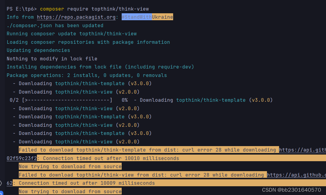 Failed to download topthink/think-template from dist: curl error 28 ...
