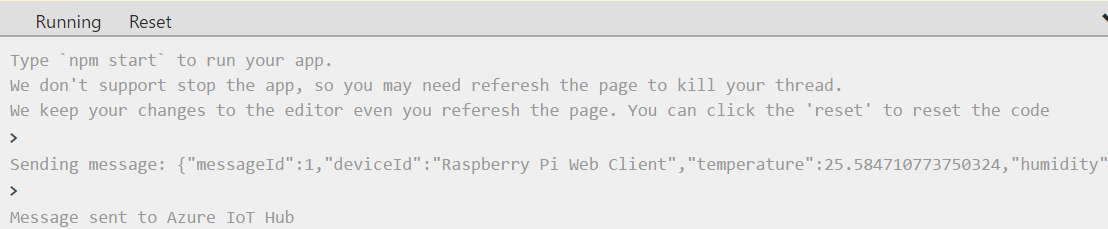 输出 - 从 Raspberry Pi 发送到 IoT 中心的传感器数据