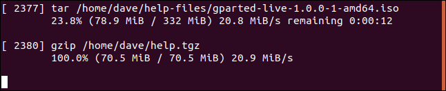 progress command monitoring tar in a terminal window