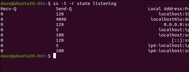 ss -t -r state listening in a terminal window.