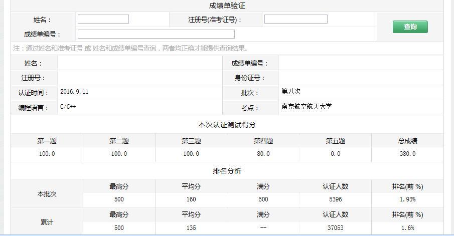 官网在线验证成绩单（为保护隐私抹去了关键信息）