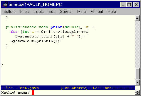 Screen shot showing prompt for         method name.