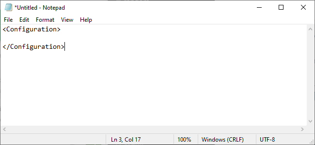 Notepad showing <configuration> </configuration>