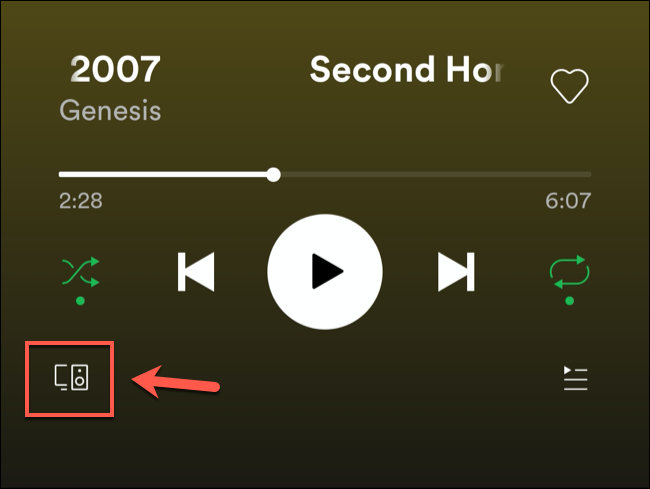 During playback in the Spotify mobile app, tap the available devices button.