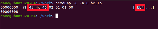 hexdump -C -n 8 hello in a terminal window.