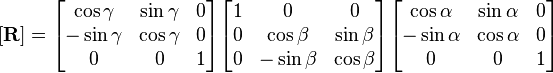 [\mathbf{R}] = \begin{bmatrix} \cos \gamma & \sin \gamma & 0 \\ -\sin \gamma & \cos \gamma & 0 \\ 0 & 0 & 1 \end{bmatrix} \begin{bmatrix} 1 & 0 & 0 \\ 0 & \cos \beta & \sin \beta \\ 0 & -\sin \beta & \cos \beta \end{bmatrix} \begin{bmatrix} \cos \alpha & \sin \alpha & 0 \\ -\sin \alpha & \cos \alpha & 0 \\ 0 & 0 & 1 \end{bmatrix}