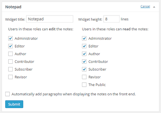 Configure notepad widget settings