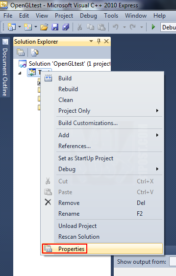 Visual C++ Express: opening the project's properties