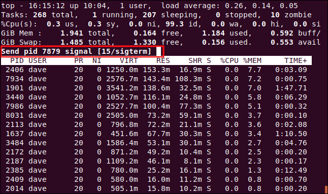 top prompting for a signal to send, in a terminal window.