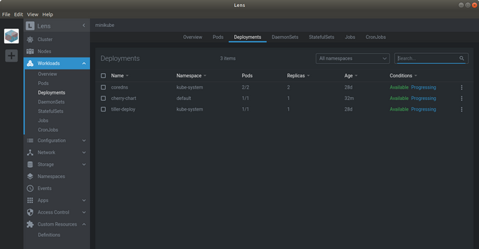 镜头工作量展开菜单 Lens Workloads Deployments menu