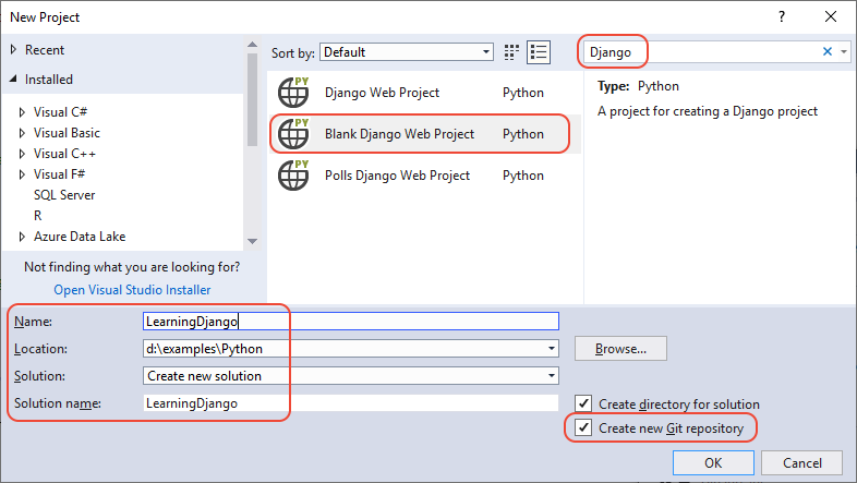 Visual Studio 中“空白 Django Web 项目”的新建项目对话框