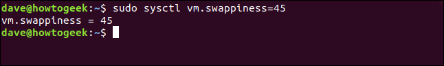 sudo sysctl vm.swappiness=45 in a terminal window