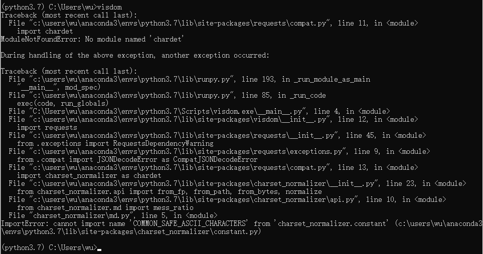 安装visdom,报错ModuleNotFoundError: No module named ‘chardet ...