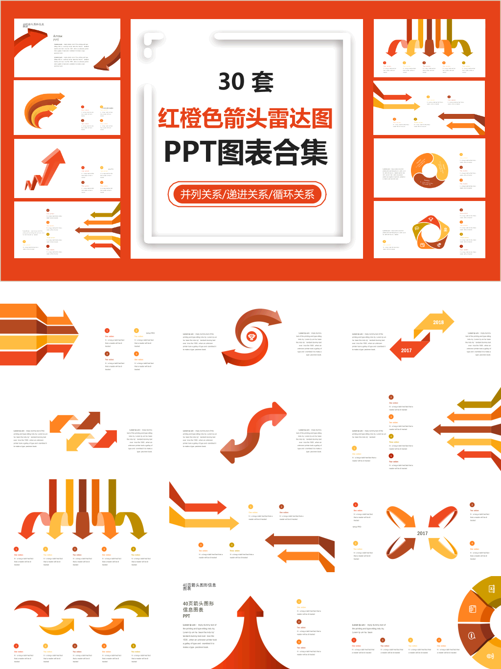 红橙色箭头雷达图PPT图表合集