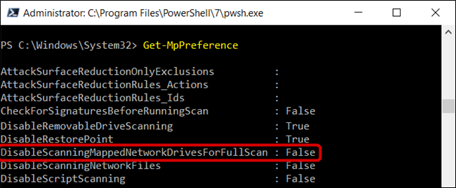 The "DisableScanningMappedNetworkDrivesForFullScan" is set to False.