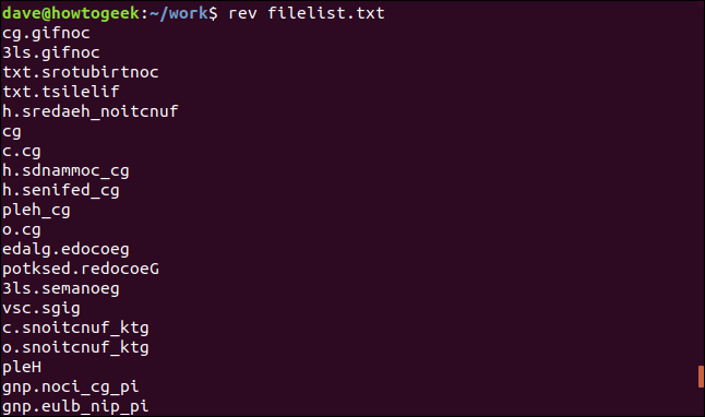 "rev filelist.txt" in a terminal window.