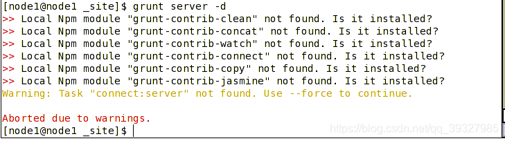Local Npm module “grunt-contrib-clean” not found. Is it installed?Local Npm module “grunt-contrib-concat” not found. Is it installed?Local Npm module “grunt-contrib-watch” not found. Is it installed?Local Npm module “grunt-contrib-connect” not found. Is it installed?Local Npm module “grunt-contrib-copy” not found. Is it installed?Local Npm module “grunt-contrib-jasmine” not found. Is it installed?Warning: Task “connect:server” not found. Use –force to continue.