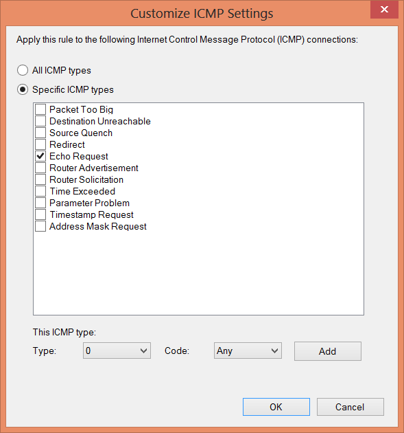 Image of Customize ICMP Settings dialog box