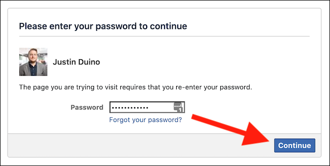 Enter your Facebook password and then click the "Continue" button