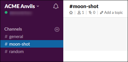 The Slack workspace, showing the name and channel list.