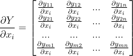 \frac{\partial Y}{\partial x_{i}}=\begin{bmatrix} \frac{\partial y_{11}}{\partial x_{i}} &\frac{\partial y_{12}}{\partial x_{i}} &... &\frac{\partial y_{1n}}{\partial x_{i}} \\ \frac{\partial y_{21}}{\partial x_{i}} &\frac{\partial y_{22}}{\partial x_{i}} &... &\frac{\partial y_{2n}}{\partial x_{i}} \\ ... &... &... &... \\ \frac{\partial y_{m1}}{\partial x_{i}} &\frac{\partial y_{m2}}{\partial x_{i}} &... &\frac{\partial y_{mn}}{\partial x_{i}} \end{bmatrix}
