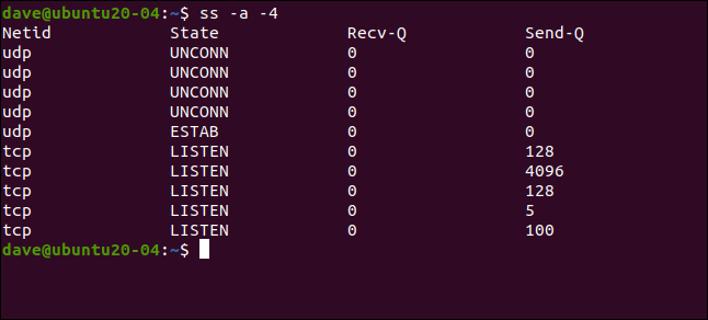 ss -a -4 in a terminal window.