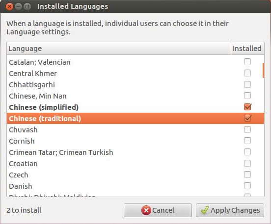 Ubuntu Installed Languages panel : installing Chinese